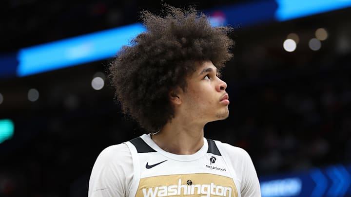 Jan 29, 2026; Washington, District of Columbia, USA; Washington Wizards forward Kyshawn George (18) looks on during the second half against the Milwaukee Bucks at Capital One Arena. Mandatory Credit: Daniel Kucin Jr.-Imagn Images
