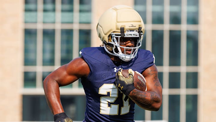 Notre Dame running back Kedren Young runs the ball during a football practice at Irish Athletic Center on Friday, Aug. 1, 2025, in South Bend. Notre Dame running back Kedren Young runs the ball during a football practice at Irish Athletic Center on Friday, Aug. 1, 2025, in South Bend.