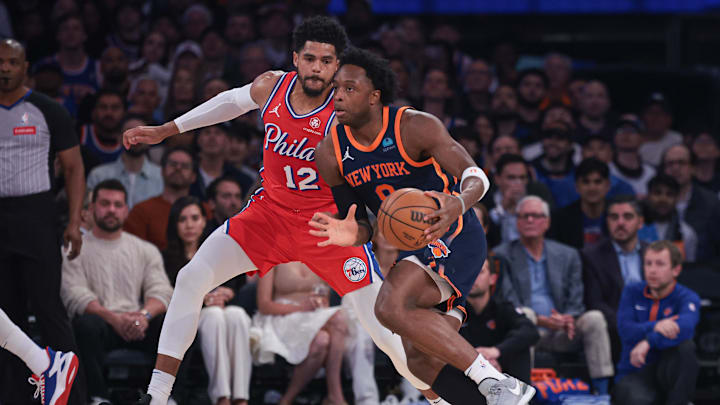 Apr 22, 2024; New York, New York, USA;  New York Knicks forward OG Anunoby (8) dribbles against