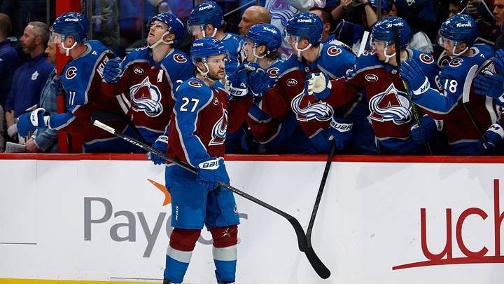 Mar 8, 2025; Denver, Colorado, USA; Colorado Avalanche left wing Jonathan Drouin (27) celebrates with the bench after his goal in the third period against the Toronto Maple Leafs at Ball Arena. Mandatory Credit: Isaiah J. Downing-Imagn Images