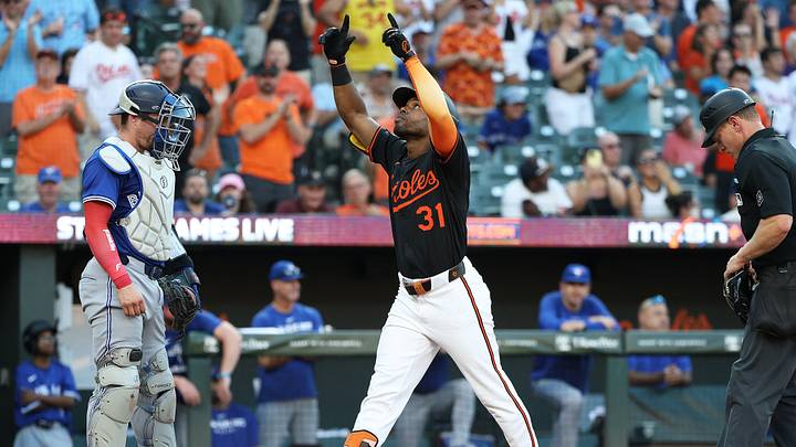 Jul 28, 2025; Baltimore, Maryland, USA; Baltimore Orioles outfielder Cedric Mullins (31) celebrates after hitting a home run during the second inning against the Toronto Blue Jays at Oriole Park at Camden Yards. Mandatory Credit: Daniel Kucin Jr.-Imagn Images