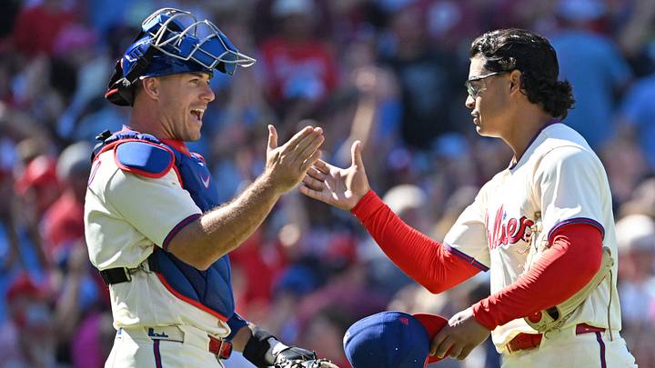 Sep 7, 2026; Philadelphia, Pennsylvania, USA; Philadelphia Phillies catcher J.T. Realmuto (10) and pitcher Jesús Luzardo (44) celebrate win against the Atlanta Braves at Citizens Bank Park. Mandatory Credit: Eric Hartline-Imagn Images Sep 7, 2026; Philadelphia, Pennsylvania, USA; Philadelphia Phillies catcher J.T. Realmuto (10) and pitcher Jesús Luzardo (44) celebrate win against the Atlanta Braves at Citizens Bank Park. Mandatory Credit: Eric Hartline-Imagn Images