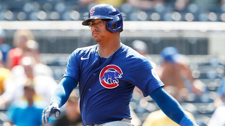 Aug 28, 2024; Pittsburgh, Pennsylvania, USA;  against Chicago Cubs catcher Christian Bethancourt (60) hits an RBI single against the Pittsburgh Pirates during the eighth inning at PNC Park. Mandatory Credit: Charles LeClaire-USA TODAY Sports