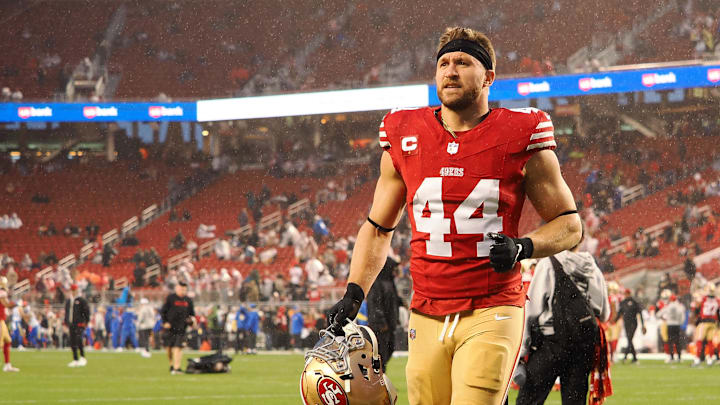 Dec 12, 2024; Santa Clara, California, USA; San Francisco 49ers fullback Kyle Juszczyk (44) on the field before the game against the Los Angeles Rams at Levi's Stadium. Mandatory Credit: Kelley L Cox-Imagn Images