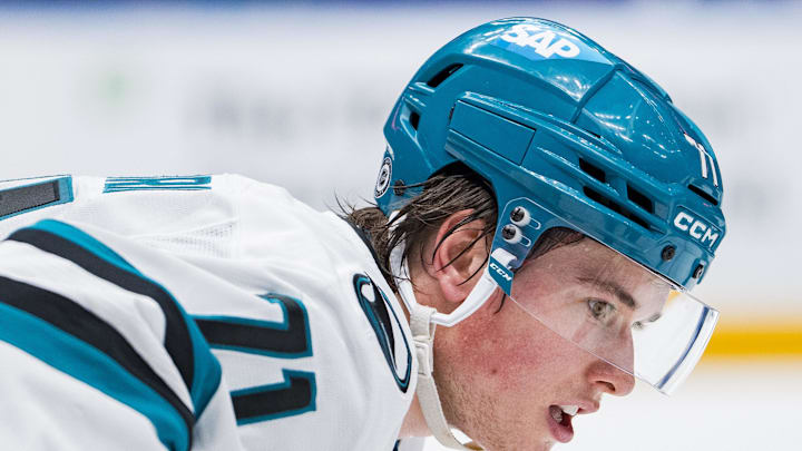 Apr 14, 2025; Vancouver, British Columbia, CAN; San Jose Sharks forward Macklin Celebrini (71) prepares for a face off against the Vancouver Canucks in overtime at Rogers Arena. Mandatory Credit: Bob Frid-Imagn Images