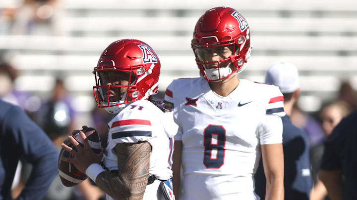 Nov 23, 2024; Fort Worth, Texas, USA; Arizona Wildcats quarterback Noah Fifita (11) throws a pass before the game against the TCU Horned Frogs at Amon G. Carter Stadium. Mandatory Credit: Tim Heitman-Imagn Images