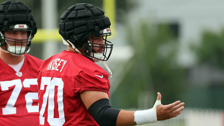 Jul 25, 2024; Tampa, FL, USA; Tampa Bay Buccaneers center Robert Hainsey (70) works out during training camp at AdventHealth Training Center. Mandatory Credit: Kim Klement Neitzel-Imagn Images Jul 25, 2024; Tampa, FL, USA; Tampa Bay Buccaneers center Robert Hainsey (70) works out during training camp at AdventHealth Training Center. Mandatory Credit: Kim Klement Neitzel-Imagn Images