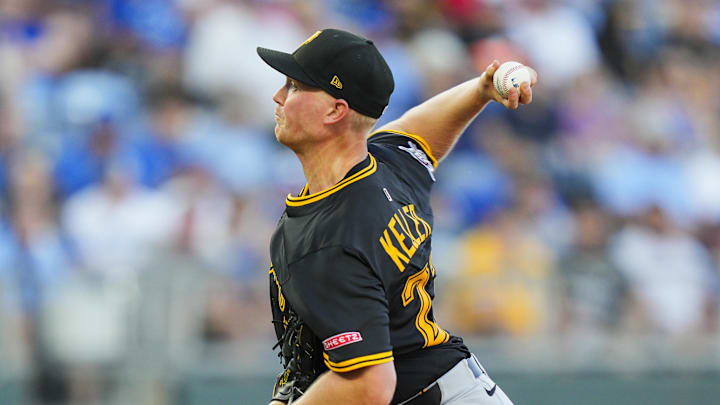 Jul 8, 2025; Kansas City, Missouri, USA; Pittsburgh Pirates starting pitcher Mitch Keller (23) pitches during the second inning against the Kansas City Royals at Kauffman Stadium. Mandatory Credit: Jay Biggerstaff-Imagn Images