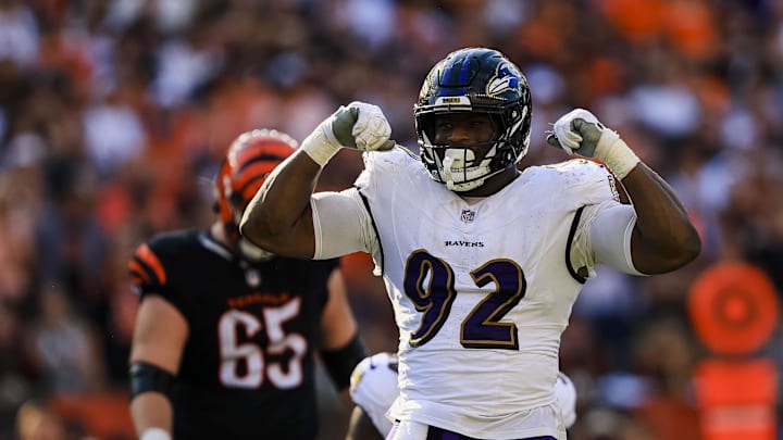Oct 6, 2024; Cincinnati, Ohio, USA; Baltimore Ravens defensive tackle Nnamdi Madubuike (92) reacts after sacking Cincinnati Bengals quarterback Joe Burrow (not pictured) in the second half at Paycor Stadium. Mandatory Credit: Katie Stratman-Imagn Images