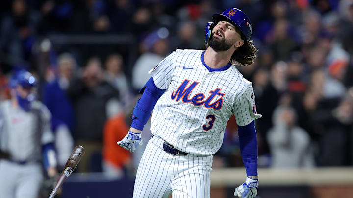 Oct 17, 2024; New York City, New York, USA; New York Mets outfielder Jesse Winker (3) reacts after an out against the Los Angeles Dodgers in the sixth inning during game four of the NLCS for the 2024 MLB playoffs at Citi Field. Mandatory Credit: Brad Penner-Imagn Images