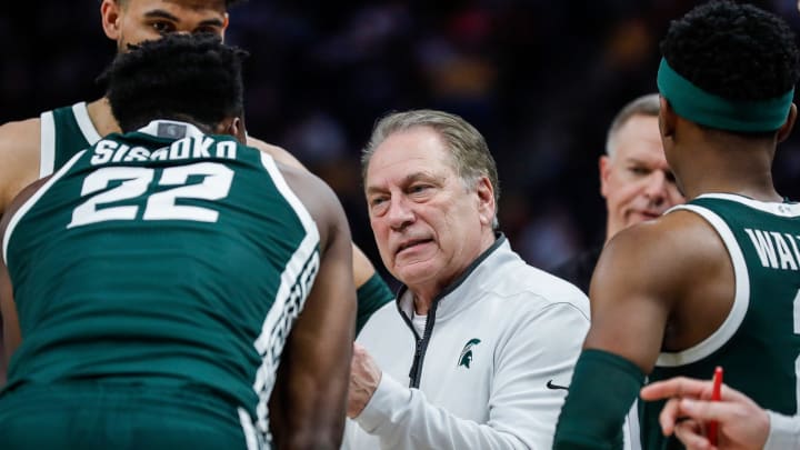 Michigan State head coach Tom Izzo talks to players at a timeout against Purdue during the second half of quarterfinal of Big Ten tournament at Target Center in Minneapolis, Minn. on Friday, March 15, 2024. Michigan State head coach Tom Izzo talks to players at a timeout against Purdue during the second half of quarterfinal of Big Ten tournament at Target Center in Minneapolis, Minn. on Friday, March 15, 2024.