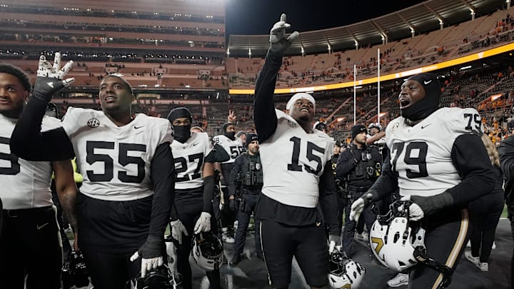 Vanderbilt players celebrate after their win against Tennessee at Neyland Stadium in Knoxville, Tenn., Saturday, Nov. 29, 2025.