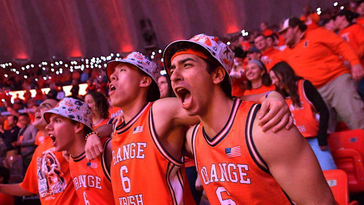 Feb 15, 2025; Champaign, Illinois, USA;  Illinois Fighting Illini fans cheer during the first half against the Michigan State Spartans at State Farm Center. Mandatory Credit: Ron Johnson-Imagn Images