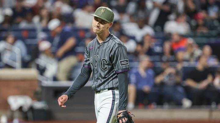 May 16, 2026; New York City, New York, USA;  New York Mets relief pitcher Luke Weaver (30) reacts after retiring the side in the eighth inning against the New York Yankees at Citi Field. Mandatory Credit: Wendell Cruz-Imagn Images