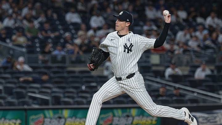 New York Yankees pitcher Ryan Yarbrough (33) delivers a pitch during the ninth inning against the Cleveland Guardians at Yankee Stadium. New York Yankees pitcher Ryan Yarbrough (33) delivers a pitch during the ninth inning against the Cleveland Guardians at Yankee Stadium.