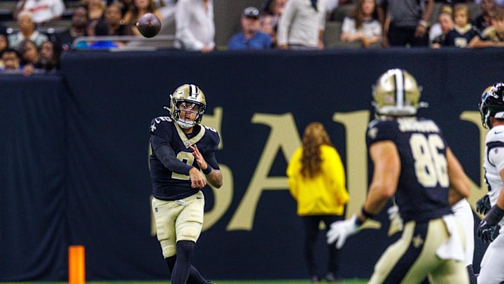 Aug 17, 2025; New Orleans, Louisiana, USA;  New Orleans Saints quarterback Spencer Rattler (2) passes to tight end Michael Jacobson (86) but the pass is blocked by Jacksonville Jaguars during the second half at Caesars Superdome. Mandatory Credit: Stephen Lew-Imagn Images