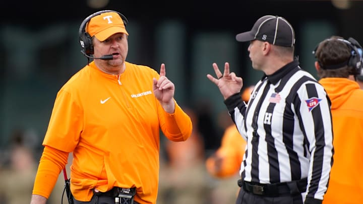 Tennessee head coach Josh Heupel communicates with an official during the third quarter at FirstBank Stadium in Nashville, Tenn., Saturday, Nov. 30, 2024.