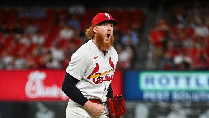 Jun 15, 2026; St. Louis, Missouri, USA; St. Louis Cardinals starting pitcher Dustin May (3) reacts after striking out San Diego Padres first baseman Ty France (not pictured) to end the eighth inning at Busch Stadium. Mandatory Credit: Jeff Curry-Imagn Images