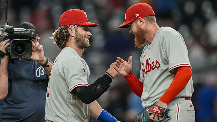 Sep 18, 2023; Cumberland, Georgia, USA; Philadelphia Phillies first baseman Bryce Harper (3) reacts