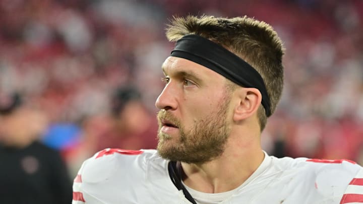 Jan 5, 2025; Glendale, Arizona, USA;  San Francisco 49ers fullback Kyle Juszczyk (44) looks on after losing to the Arizona Cardinals at State Farm Stadium. Mandatory Credit: Matt Kartozian-Imagn Images