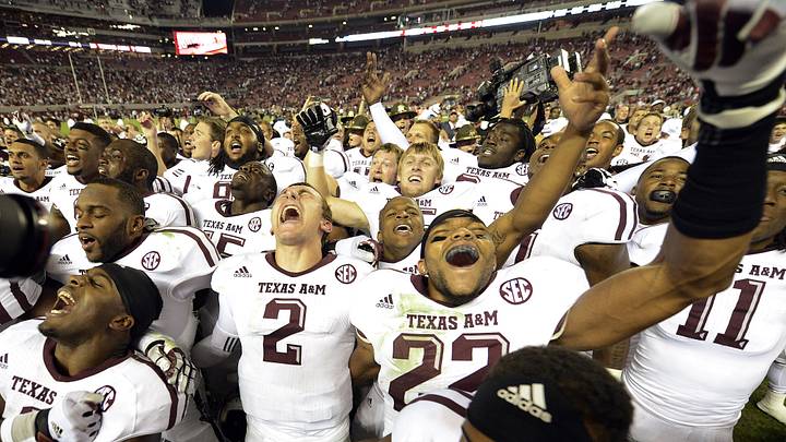  Texas A&M Aggies quarterback Johnny Manziel (2) celebrates their 29-24 victory over the Alabama Crimson Tide at Bryant Denny Stadium. 