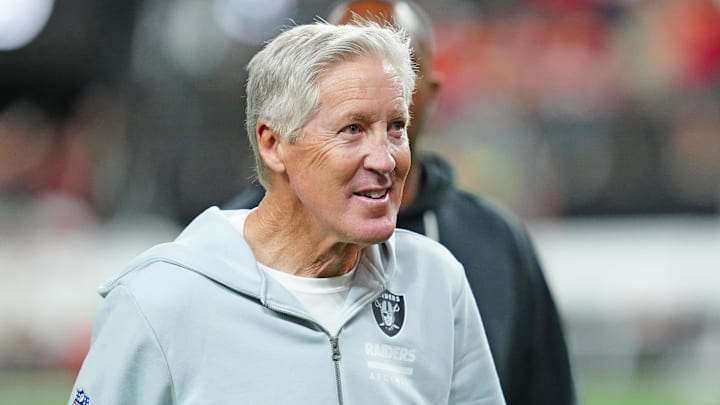 Jan 4, 2026; Paradise, Nevada, USA; Las Vegas Raiders head coach Pete Carroll walks off the field after the Raiders defeated the Kansas City Chiefs 14-12 at Allegiant Stadium. Mandatory Credit: Stephen R. Sylvanie-Imagn Images