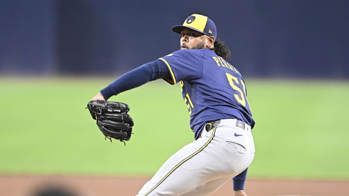 Sep 22, 2025; San Diego, California, USA; Milwaukee Brewers starting pitcher Freddy Peralta (51) delivers during the first inning against the San Diego Padres at Petco Park. Sep 22, 2025; San Diego, California, USA; Milwaukee Brewers starting pitcher Freddy Peralta (51) delivers during the first inning against the San Diego Padres at Petco Park.