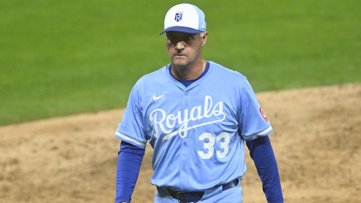 Sep 11, 2025; Cleveland, Ohio, USA; Kansas City Royals manager Matt Quatraro (33) walks on the field in the seventh inning against the Cleveland Guardians at Progressive Field. Mandatory Credit: David Richard-Imagn Images