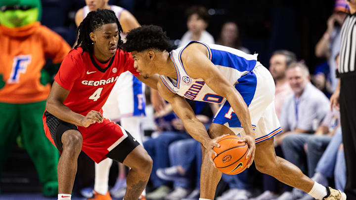 Jan 27, 2024; Gainesville, Florida, USA; Florida Gators guard Zyon Pullin (0) looks to dribble at