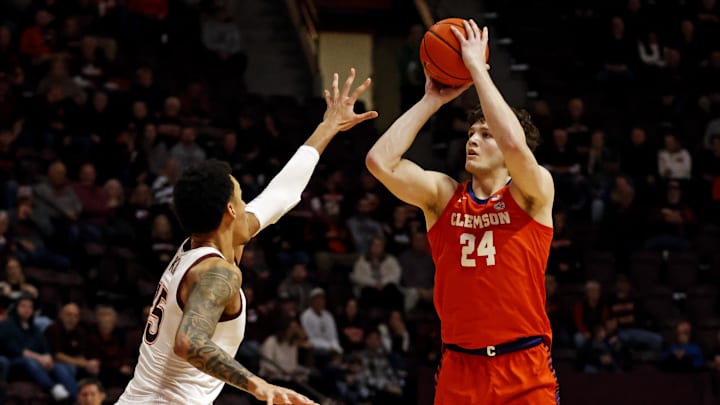 Jan 10, 2024; Blacksburg, Virginia, USA; Clemson Tigers center PJ Hall (24) 