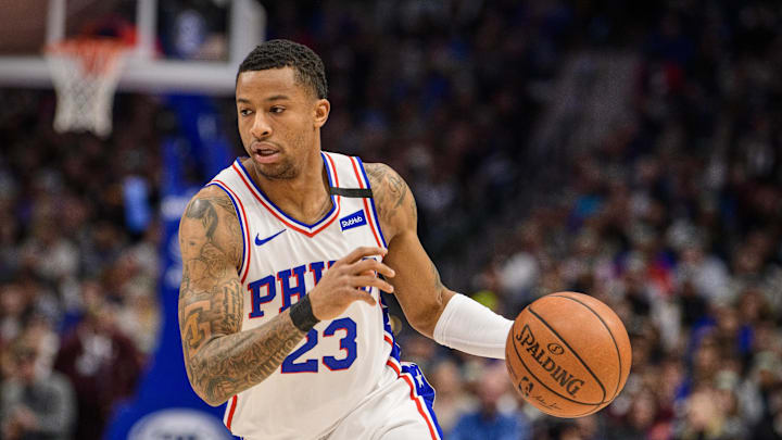 Jan 11, 2020; Dallas, Texas, USA; Philadelphia 76ers guard Trey Burke (23) in action during the game between the Mavericks and the 76ers at the American Airlines Center. Mandatory Credit: Jerome Miron-Imagn Images