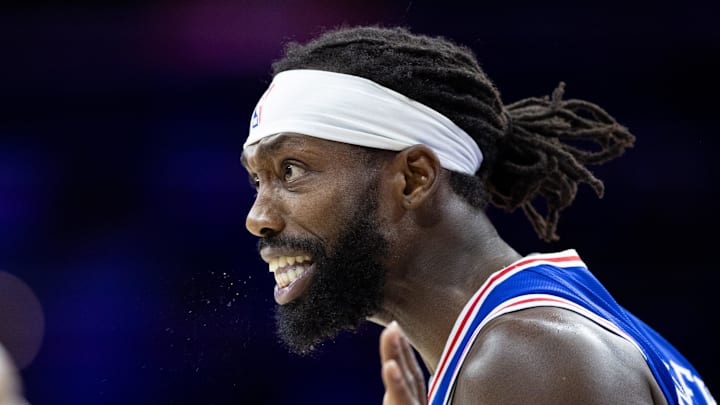 Dec 18, 2023; Philadelphia, Pennsylvania, USA; Philadelphia 76ers guard Patrick Beverley (22) reacts after a foul call on his team during the fourth quarter against the Chicago Bulls at Wells Fargo Center. Mandatory Credit: Bill Streicher-USA TODAY Sports