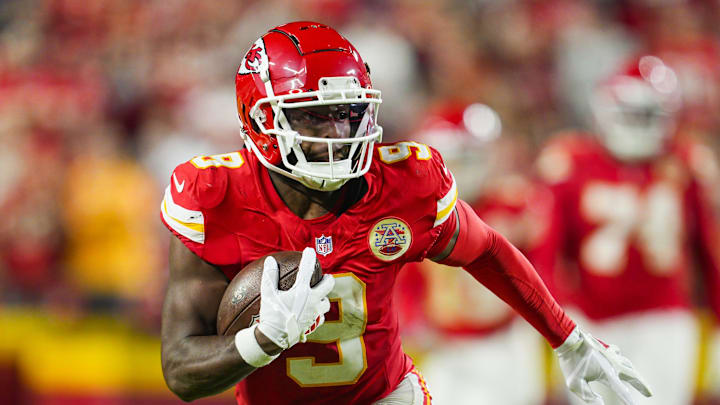 Oct 7, 2024; Kansas City, Missouri, USA; Kansas City Chiefs wide receiver JuJu Smith-Schuster (9) runs with the ball during the first half against the New Orleans Saints at GEHA Field at Arrowhead Stadium. Oct 7, 2024; Kansas City, Missouri, USA; Kansas City Chiefs wide receiver JuJu Smith-Schuster (9) runs with the ball during the first half against the New Orleans Saints at GEHA Field at Arrowhead Stadium.