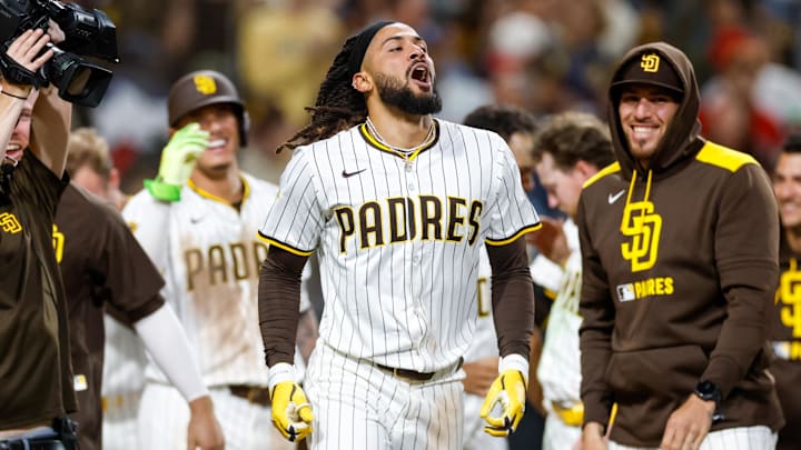 May 13, 2025; San Diego, California, USA; San Diego Padres right fielder Fernando Tatis Jr. (23) celebrates after hitting a walk-off two run home run during the ninth inning against the Los Angeles Angels at Petco Park. Mandatory Credit: David Frerker-Imagn Images