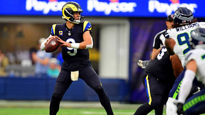 Nov 16, 2025; Inglewood, California, USA; Los Angeles Rams quarterback Matthew Stafford (9) throws a pass during the second half against the Seattle Seahawks at SoFi Stadium. Mandatory Credit: Gary A. Vasquez-Imagn Images Nov 16, 2025; Inglewood, California, USA; Los Angeles Rams quarterback Matthew Stafford (9) throws a pass during the second half against the Seattle Seahawks at SoFi Stadium. Mandatory Credit: Gary A. Vasquez-Imagn Images