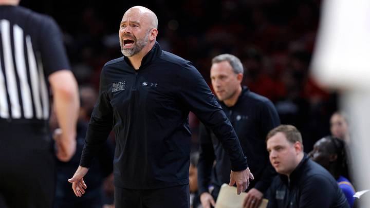 McNeese coach Bill Armstrong shouts during a first-round game in the NCAA men's basketball tournament between McNeese and Vanderbilt at Paycom Center in Oklahoma City, Thursday, March 19, 2026. McNeese coach Bill Armstrong shouts during a first-round game in the NCAA men's basketball tournament between McNeese and Vanderbilt at Paycom Center in Oklahoma City, Thursday, March 19, 2026.