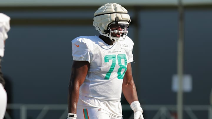 Jul 29, 2025; Miami Gardens, FL, USA; Miami Dolphins guard James Daniels (78) works on the field during training camp at Baptist Health Training Complex. Mandatory Credit: Sam Navarro-Imagn Images