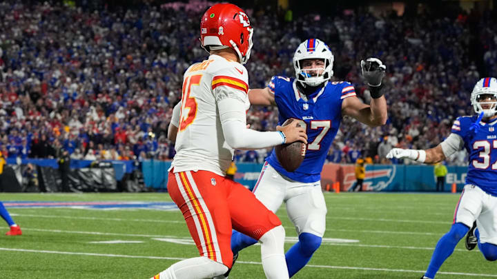 Nov 2, 2025; Orchard Park, New York, USA; Buffalo Bills defensive end Joey Bosa (97) pressures Kansas City Chiefs quarterback Patrick Mahomes (15) in the second half at Highmark Stadium. Mandatory Credit: Gregory Fisher-Imagn Images