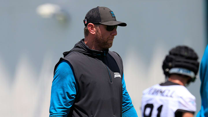 Jacksonville Jaguars head coach Liam Coen walks the field during an NFL training camp session at the Miller Electric Center, Friday Aug. 15, 2025 in Jacksonville, Fla. [Corey Perrine/Florida Times-Union]