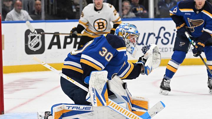 Oct 29, 2026; St. Louis, Missouri, USA; St. Louis Blues goaltender Joel Hofer (30) blocks a shot from the Boston Bruins in the third period at Enterprise Center. Mandatory Credit: Joe Puetz-Imagn Images Oct 29, 2026; St. Louis, Missouri, USA; St. Louis Blues goaltender Joel Hofer (30) blocks a shot from the Boston Bruins in the third period at Enterprise Center. Mandatory Credit: Joe Puetz-Imagn Images