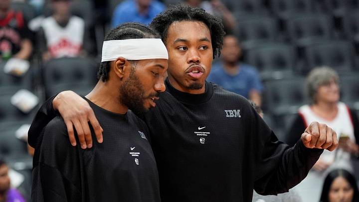 Oct 13, 2026; Toronto, Ontario, CAN; Toronto Raptors forward Kawhi Leonard (left) and forward Scottie Barnes (right) before a game against the New York Knicks at Scotiabank Arena. Mandatory Credit: John E. Sokolowski-Imagn Images Oct 13, 2026; Toronto, Ontario, CAN; Toronto Raptors forward Kawhi Leonard (left) and forward Scottie Barnes (right) before a game against the New York Knicks at Scotiabank Arena. Mandatory Credit: John E. Sokolowski-Imagn Images