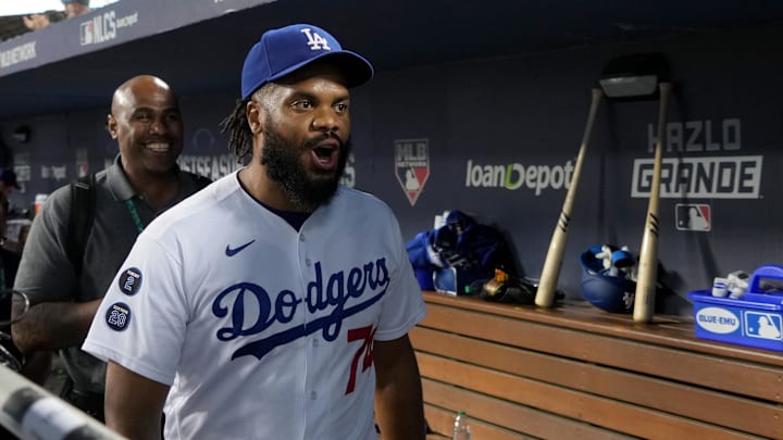 Oct 19, 2021; Los Angeles, California, USA; Los Angeles Dodgers relief pitcher Kenley Jansen (74)