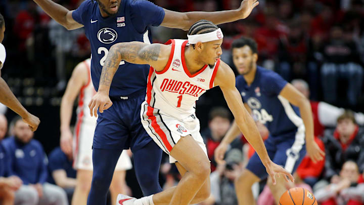 Jan 20, 2024; Columbus, Ohio, USA;  Ohio State Buckeyes guard Roddy Gayle Jr. (1) dribbles the ball