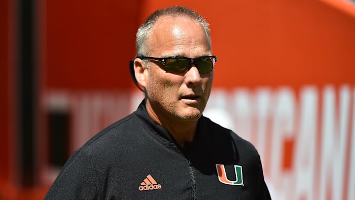 Sep 22, 2018; Miami Gardens, FL, USA; Miami Hurricanes head coach Mark Richt runs onto the field prior to the game against the FIU Golden Panthers at Hard Rock Stadium. Mandatory Credit: Jasen Vinlove-Imagn Images