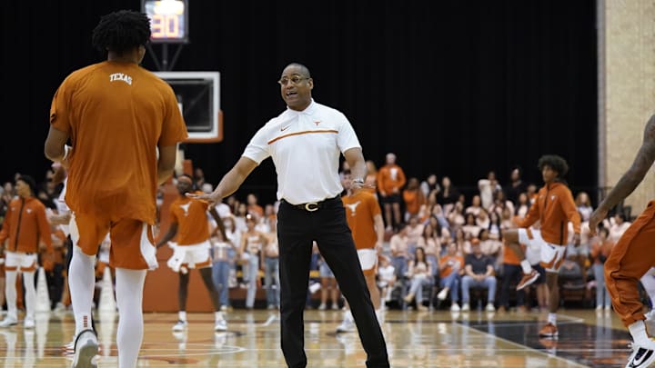 Oct 17, 2023; Austin, TX, USA; Texas Longhorns Rodney Terry talks with players before the