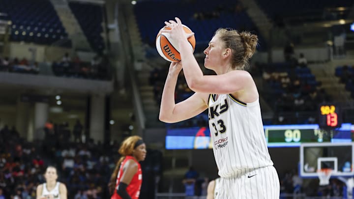 Jun 17, 2022; Chicago, Illinois, USA; Chicago Sky forward Emma Meesseman (33) shoots against the Atlanta Dream during the second half of a WNBA game at Wintrust Arena. Mandatory Credit: Kamil Krzaczynski-Imagn Images
