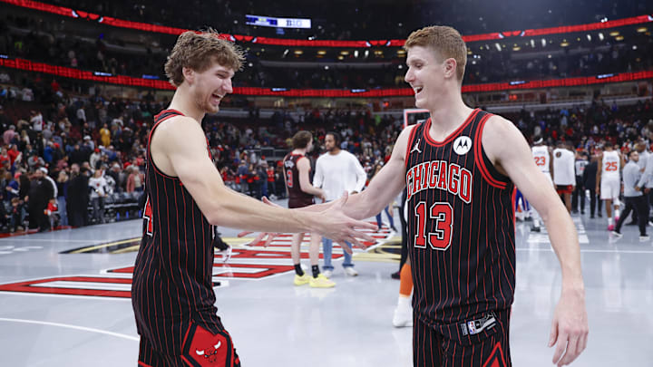 Oct 31, 2025; Chicago, Illinois, USA; Chicago Bulls forward Matas Buzelis (14) celebrates with guard Kevin Huerter (13) after team's win against the New York Knicks at United Center. Mandatory Credit: Kamil Krzaczynski-Imagn Images Oct 31, 2025; Chicago, Illinois, USA; Chicago Bulls forward Matas Buzelis (14) celebrates with guard Kevin Huerter (13) after team's win against the New York Knicks at United Center. Mandatory Credit: Kamil Krzaczynski-Imagn Images