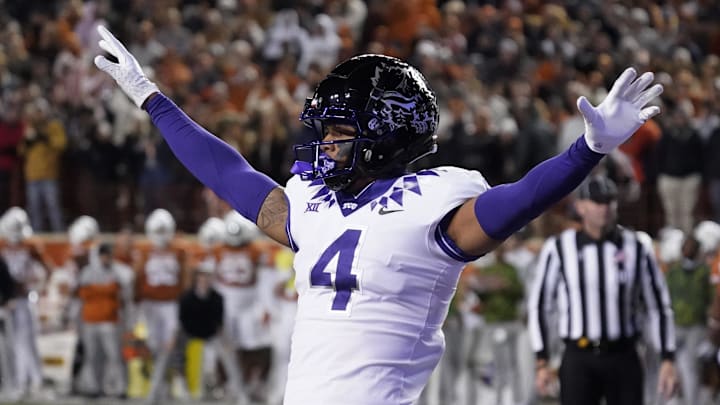Nov 12, 2022; Austin, Texas, USA; Texas Christian Horned Frogs safety Namdi Obiazor (4) reacts after breaking up a pass against the Texas Longhorns during the second half at Darrell K Royal-Texas Memorial Stadium. Mandatory Credit: Scott Wachter-Imagn Images