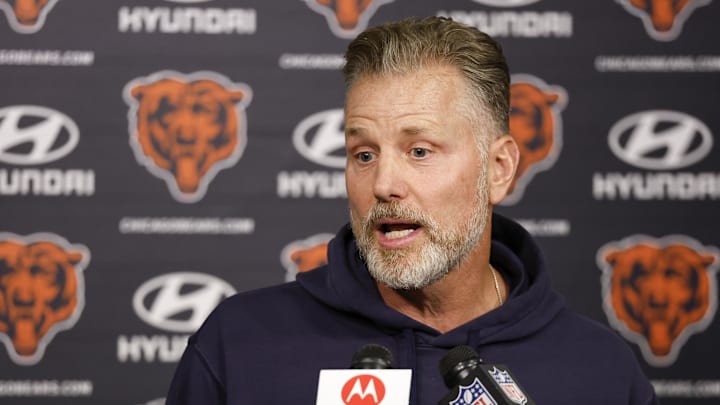 May 31, 2024; Lake Forest, IL, USA; Chicago Bears head coach Matt Eberflus speaks during organized team activities at Halas Hall. Mandatory Credit: Kamil Krzaczynski-USA TODAY Sports