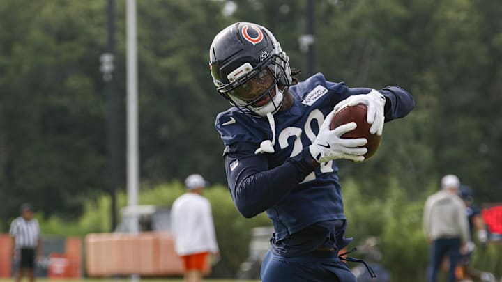 Jul 24, 2025; Lake Forest, IL, USA; Chicago Bears wide receiver Jahdae Walker (20) catches the ball during training camp at Halas Hall. Mandatory Credit: Kamil Krzaczynski-Imagn Images